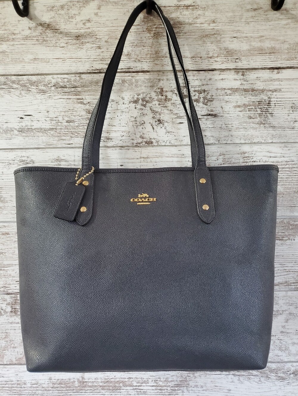 Coach City Zip Tote F58846 Navy Blue Crossgrain Leather Shoulder Bag Flawless